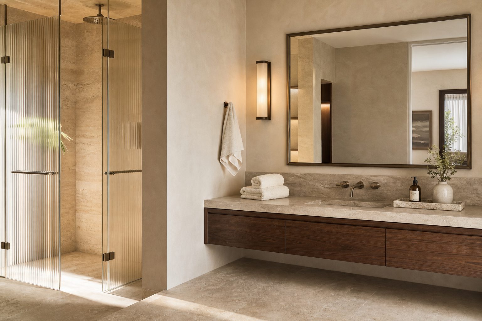 Luxury bathroom with limestone, warm plaster, fluted glass and no visible people