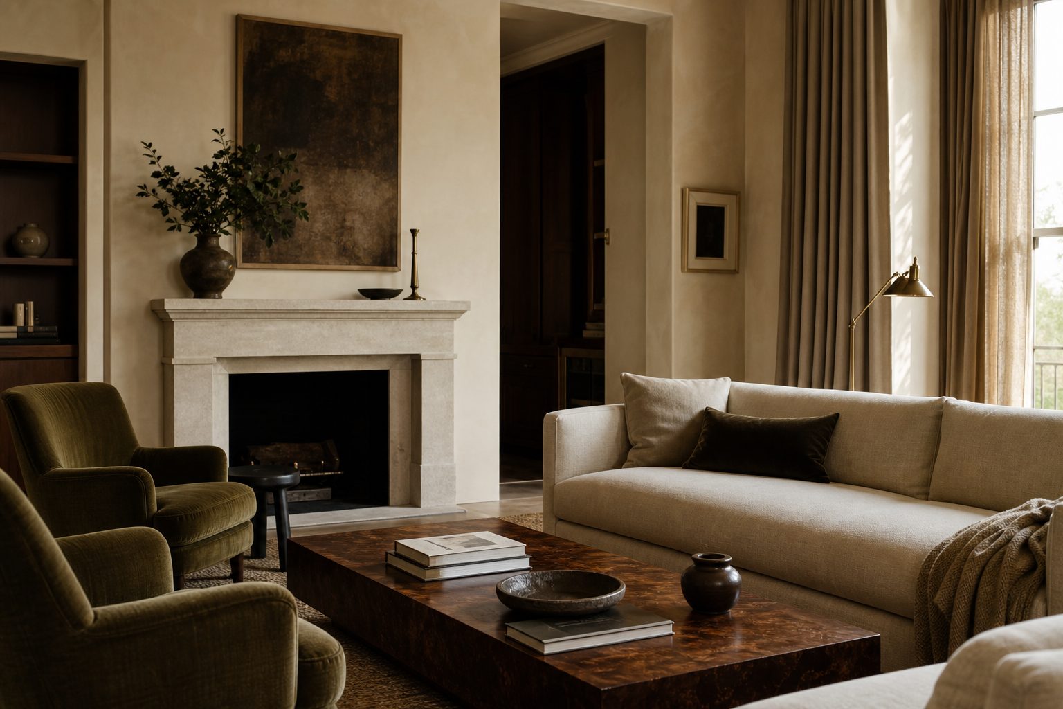 Warm plaster living room with linen sofa, walnut table and limestone fireplace