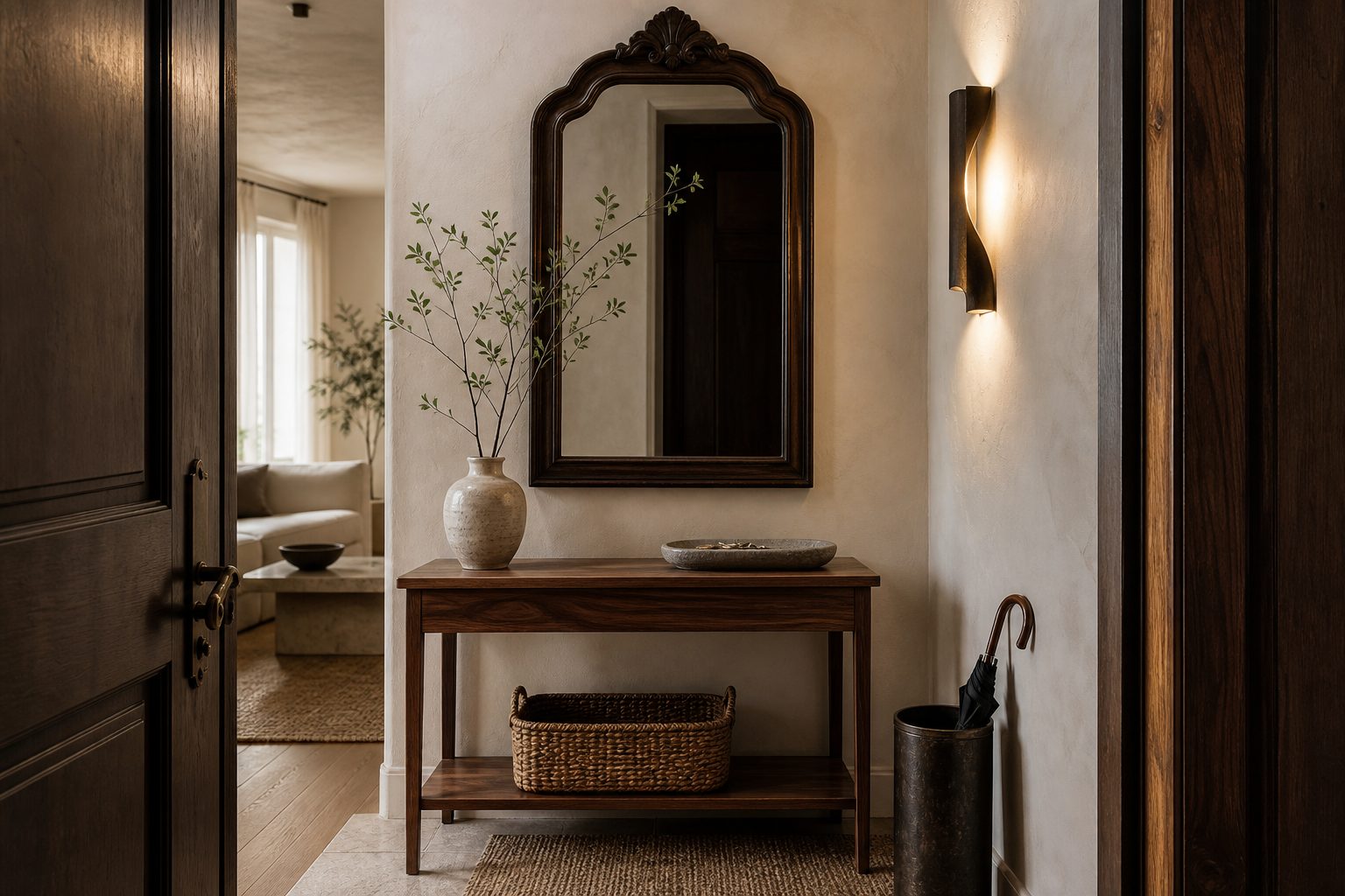 Small entryway with antique mirror, narrow console, stone dish and warm wall light