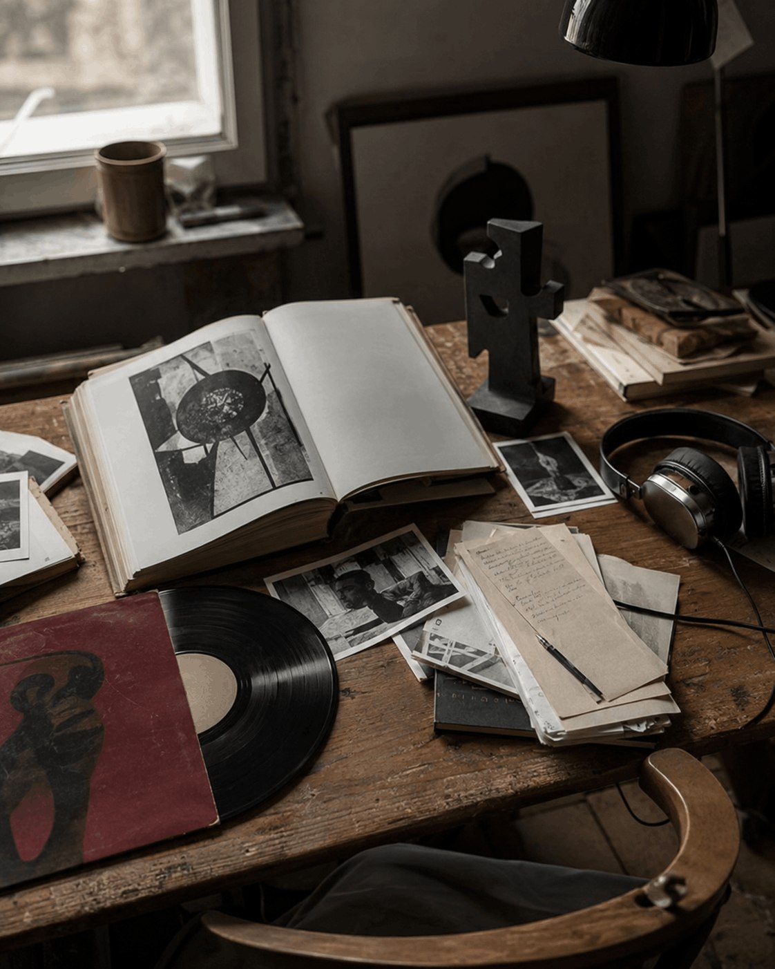 Books, records and photographs on a working desk