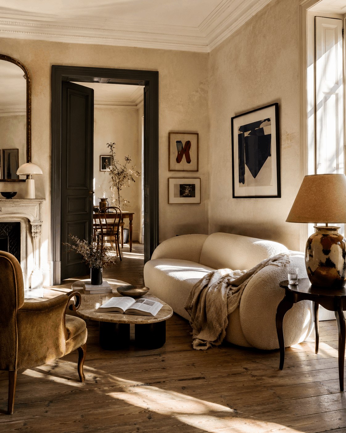 Warm, art-filled living room with collected furniture