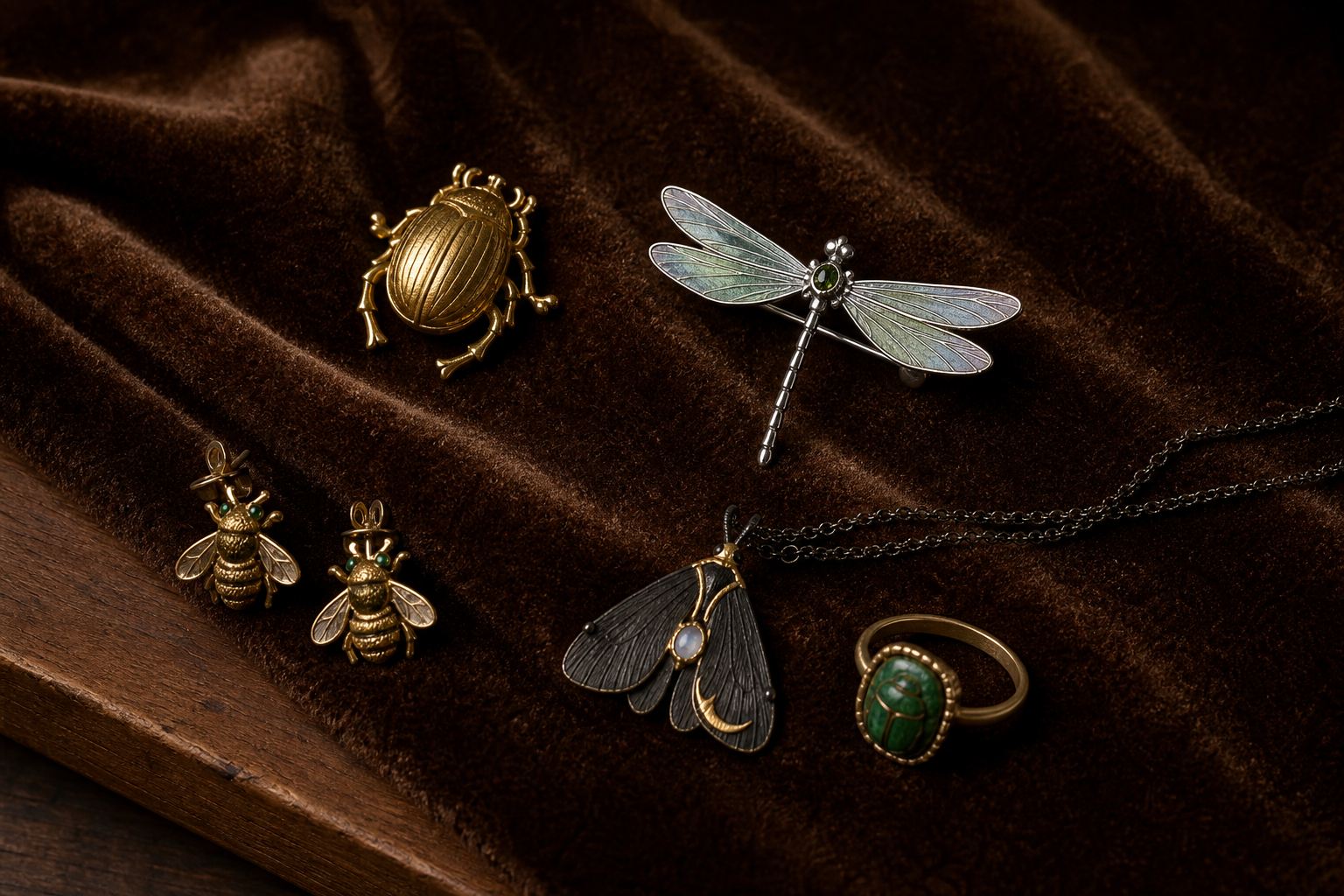 Gold beetle, silver dragonfly, bee earrings, moth pendant and scarab ring arranged on tobacco velvet