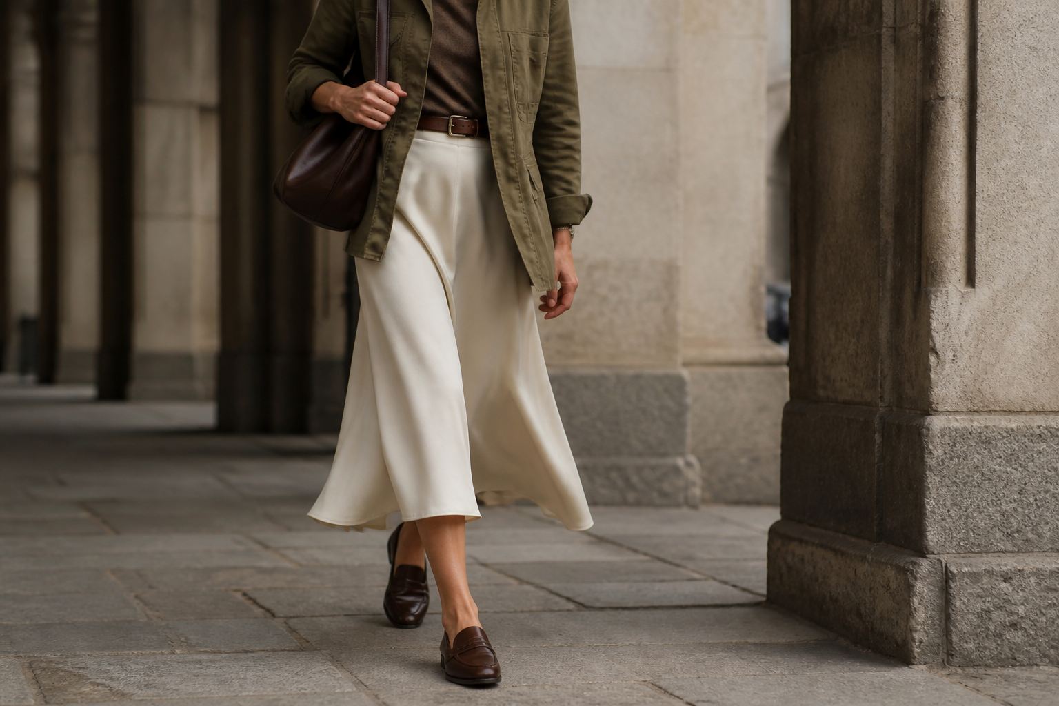 Face-free street-style view of an olive field jacket with an ivory silk midi skirt, brown bag and loafers