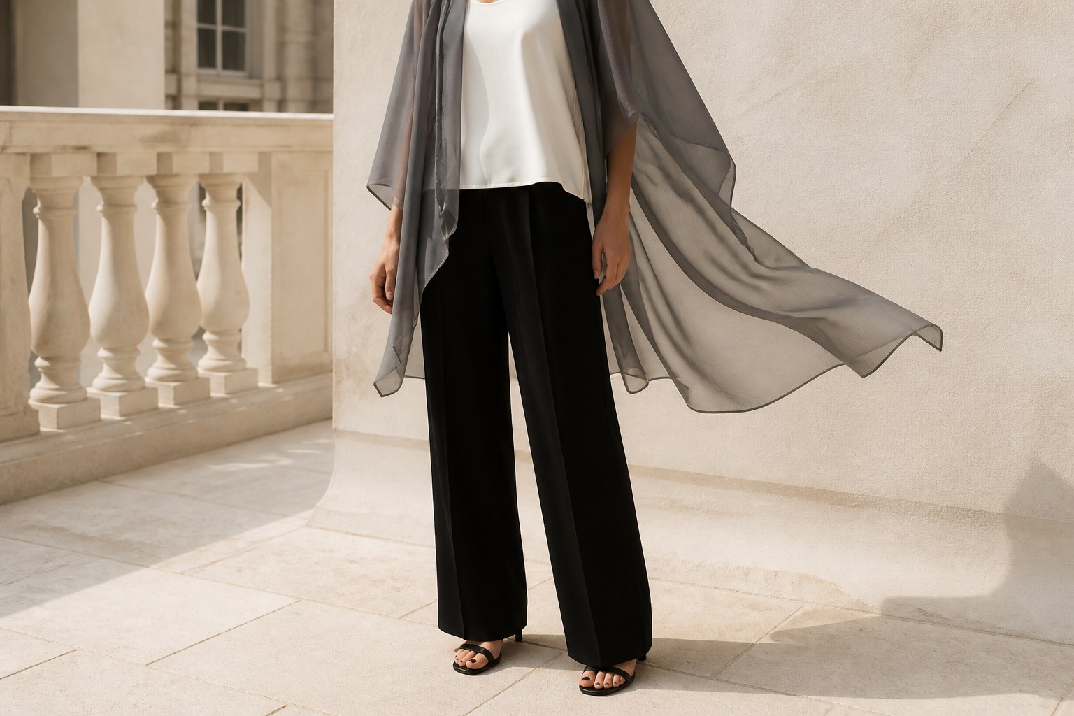 Smoke-grey sheer organza poncho over an ivory shell and black tailored trousers on a pale stone terrace
